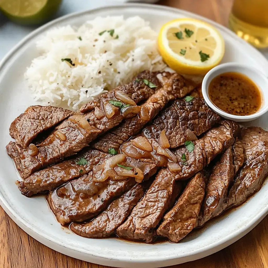 Sliced beef steak with onions, served alongside white rice, a lemon wedge, and soy sauce in a bowl.