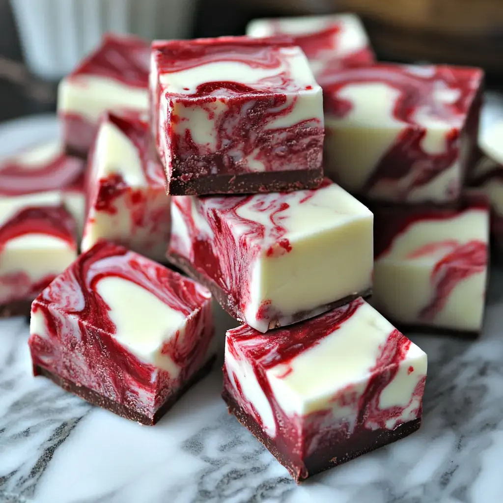 Zoomed-in shot of red and white swirled fudge pieces stacked on marble.