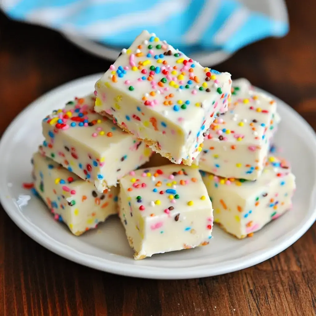 A stack of vibrant white chocolate fudge squares covered in rainbow sprinkles.