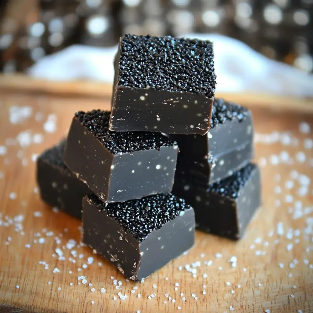 A wooden table with stacked black fudge squares, topped with dark sprinkles and surrounded by scattered salt flakes.