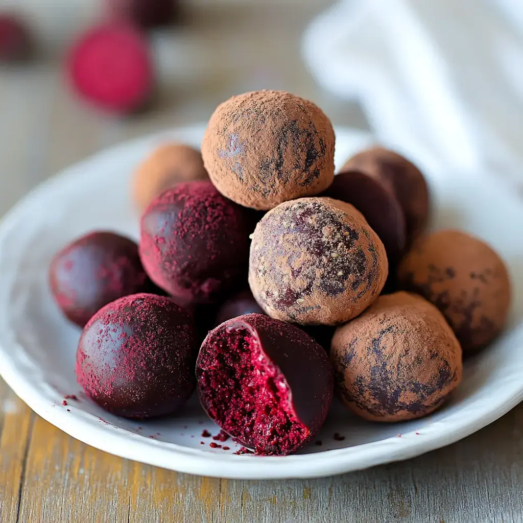 A dish filled with chocolate truffles in cocoa and beet powder. One has a small bite showing the gooey center.