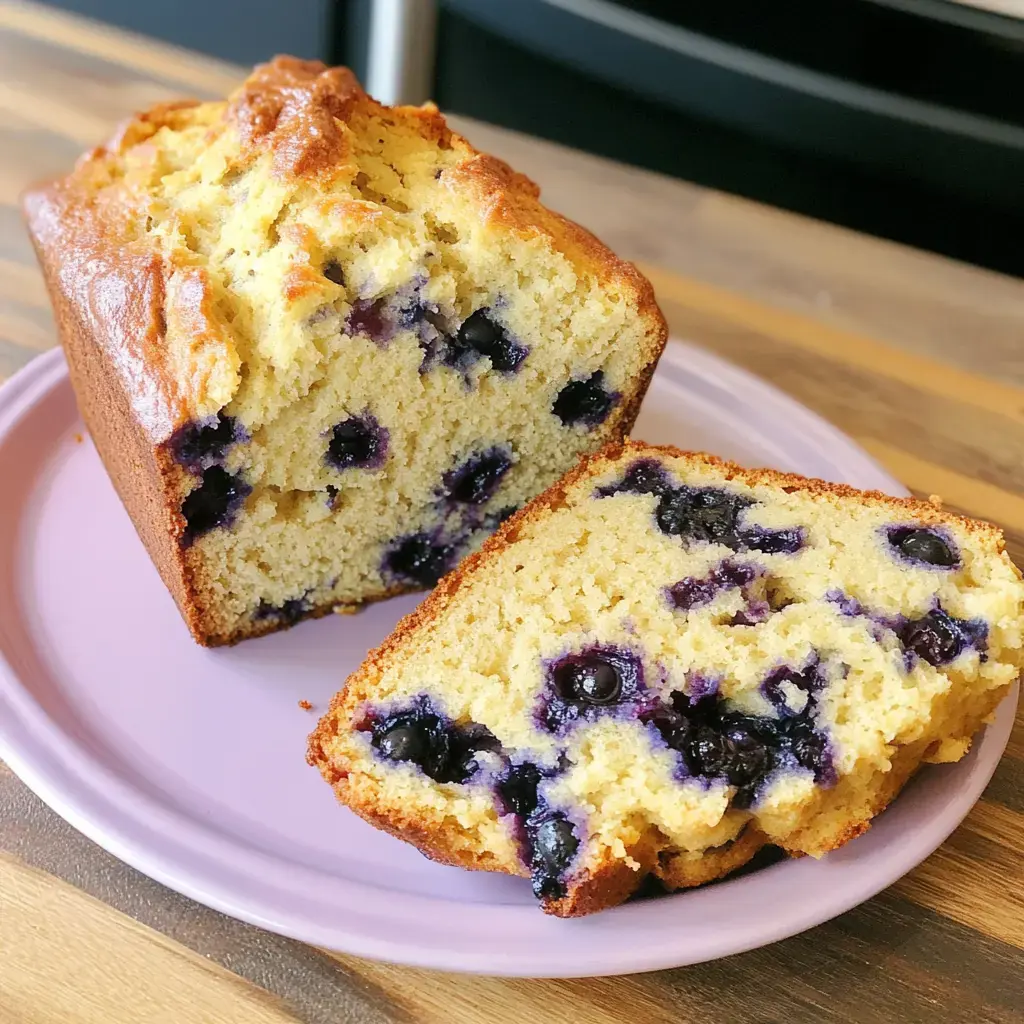 A golden slice of blueberry loaf on a pink plate showing juicy berries inside.