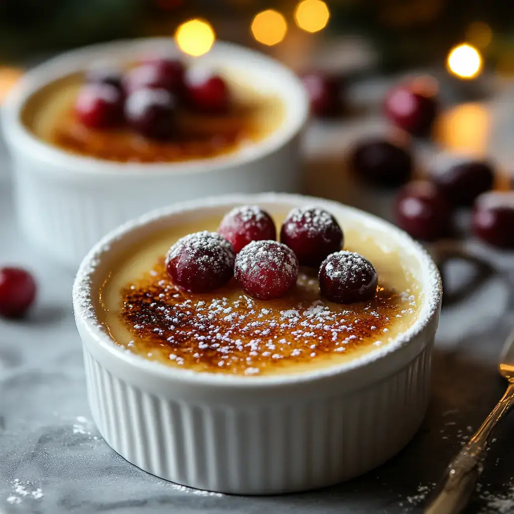 Two ramekins of brûlée topped with sugar powder and cranberries, set in soft lighting with a blurred background.