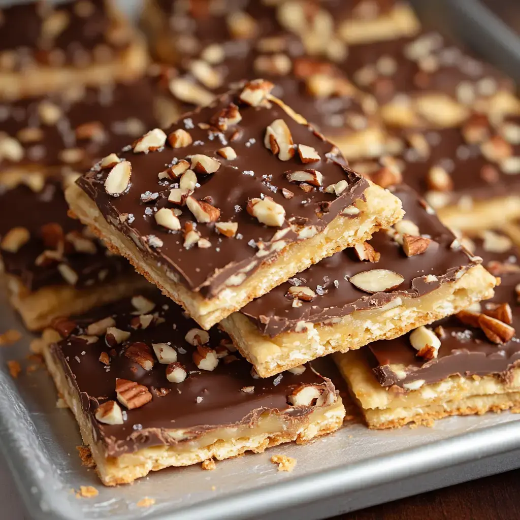 A baking tray with dessert layers, featuring a crispy cookie base, a chocolatey middle, and chopped nuts sprinkled on top.