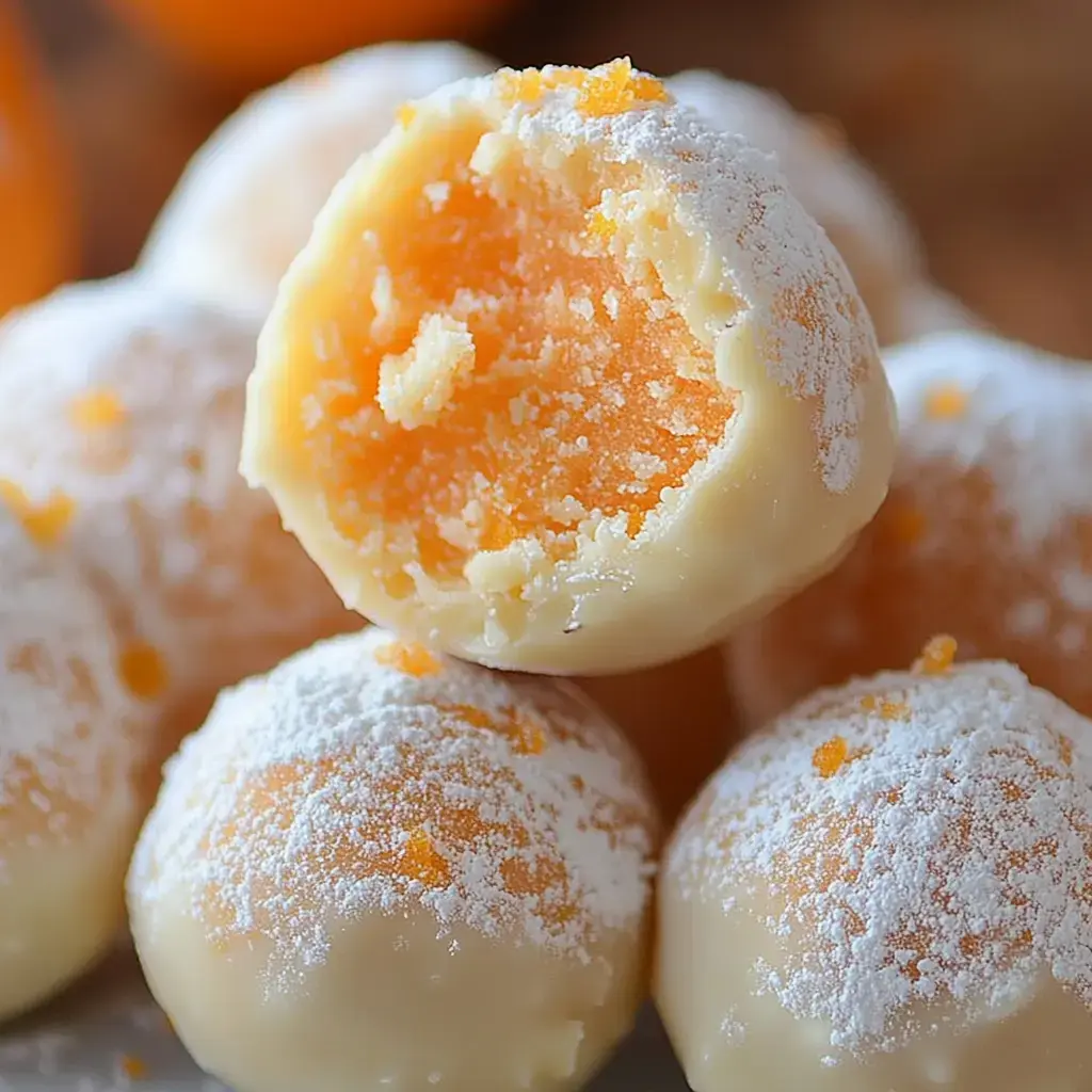 Close view of powdered white chocolate truffles, one bitten open to reveal the bright orange middle.