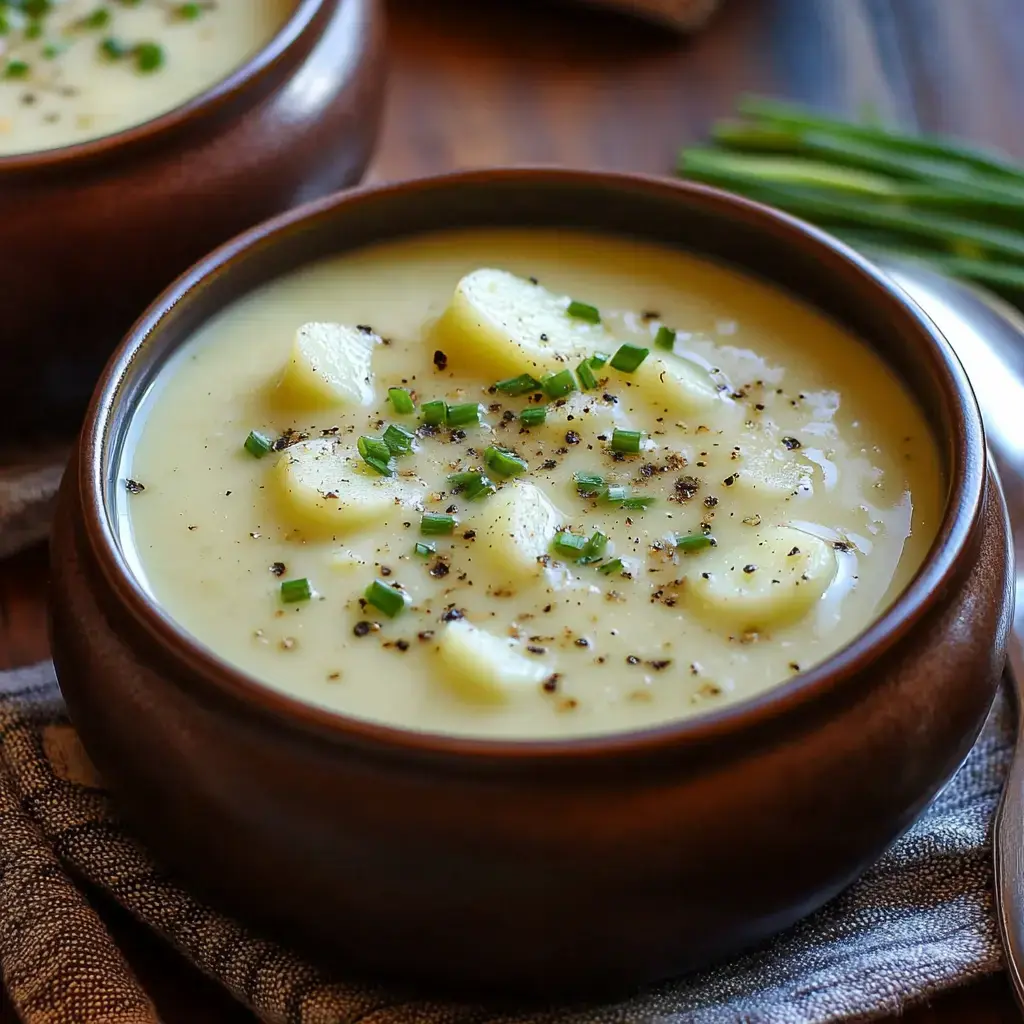 Close-up of creamy potato soup in a brown bowl with chives and pepper on top.
