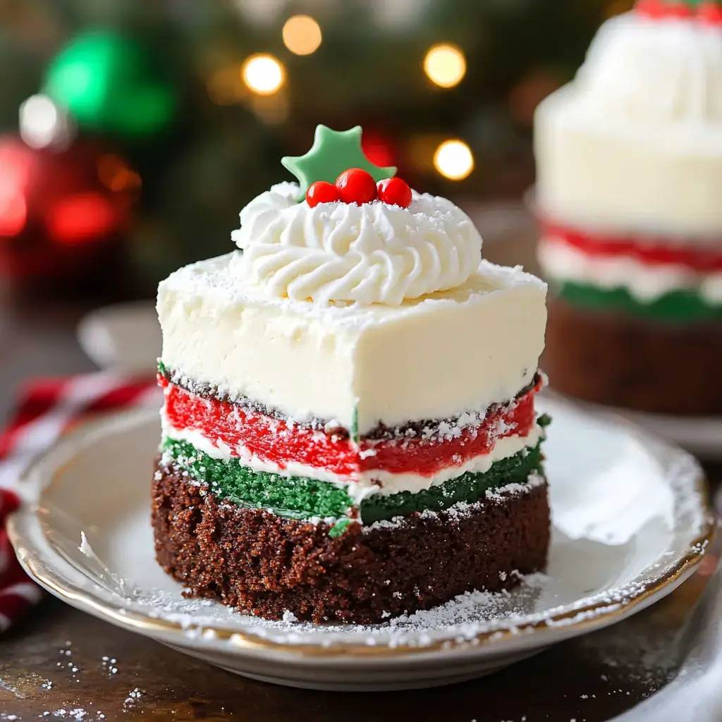 A colorful layered dessert with red and green sections, topped with whipped cream and festive garnishes, served on a plate.