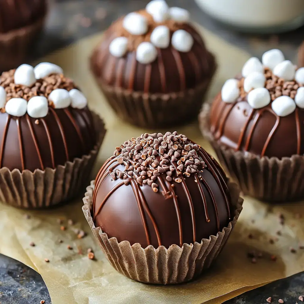 Close-up of round chocolate desserts drizzled with chocolate, topped with marshmallows and sprinkles.