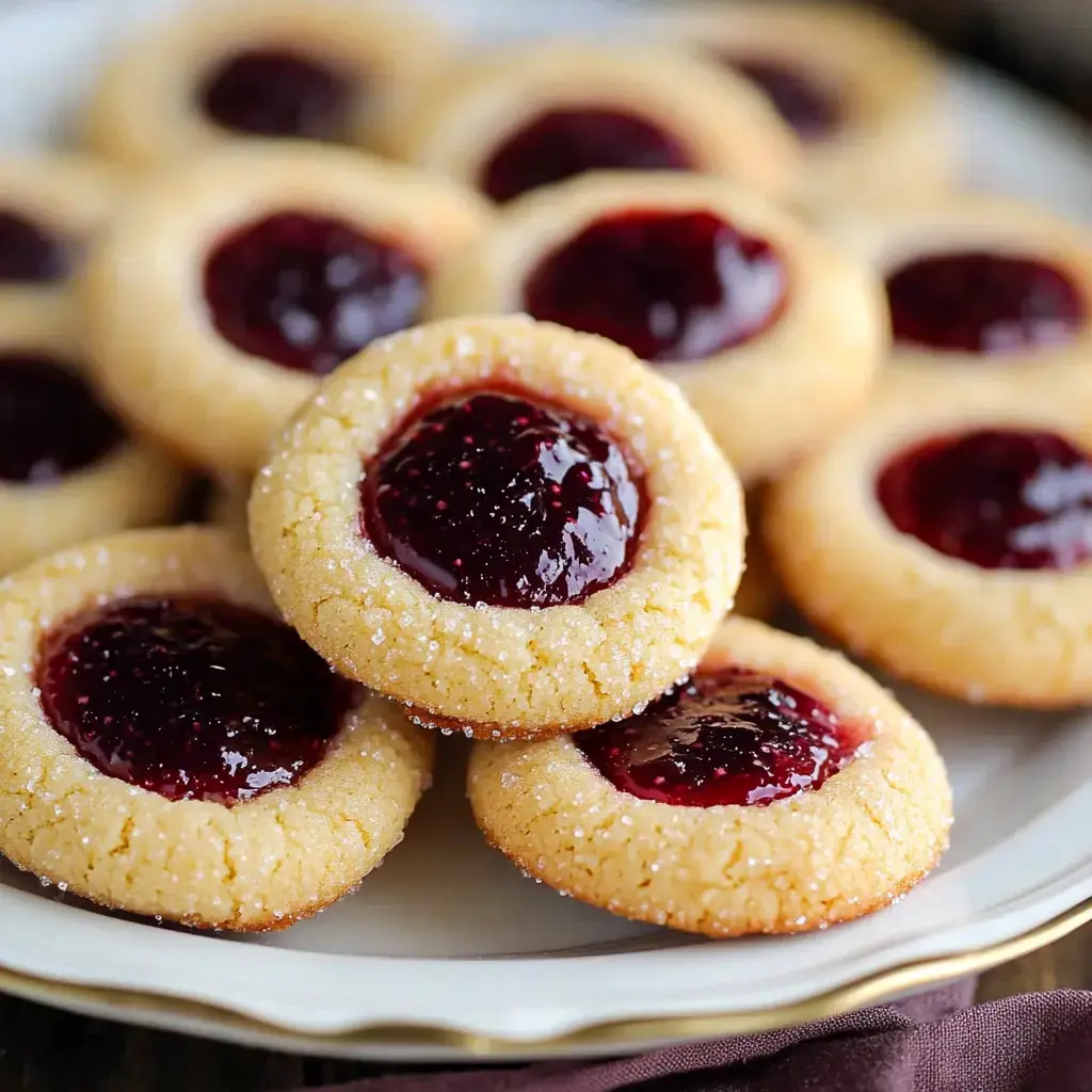 Plate of sugar-dusted jam thumbprint cookies.