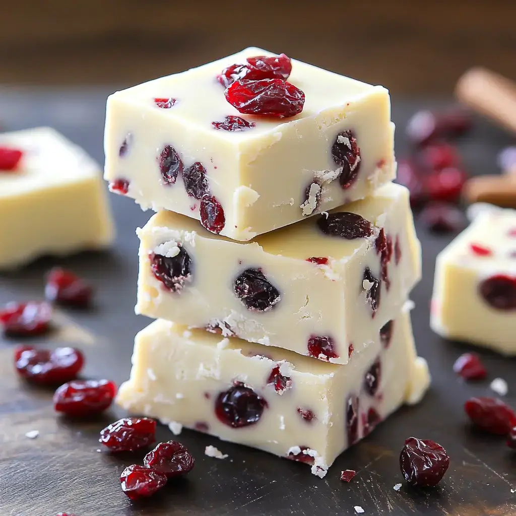 Creamy white fudge squares with dried cranberries scattered on a dark surface.