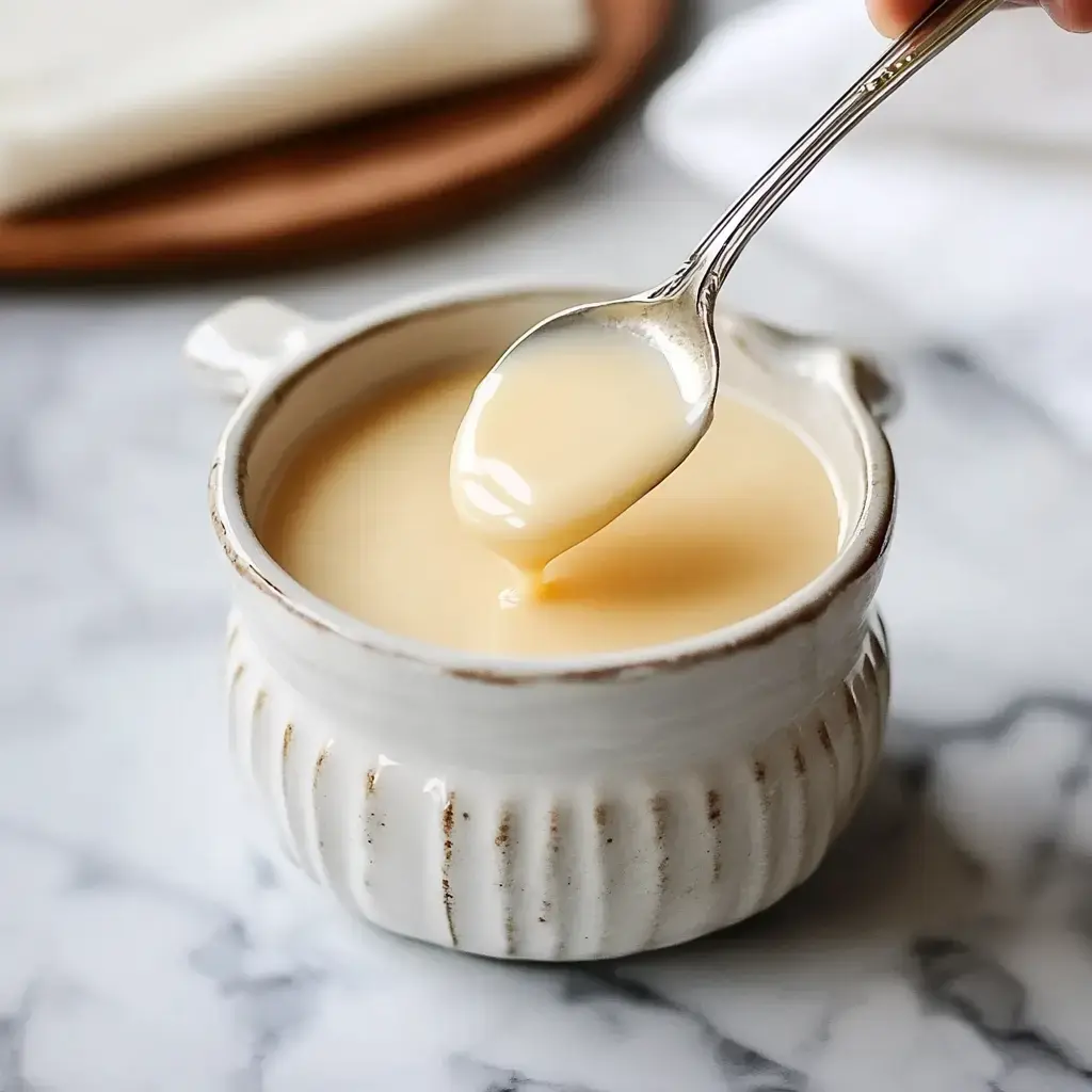 A small ceramic dish with creamy sauce being spooned out. The textured surface rests on marble.
