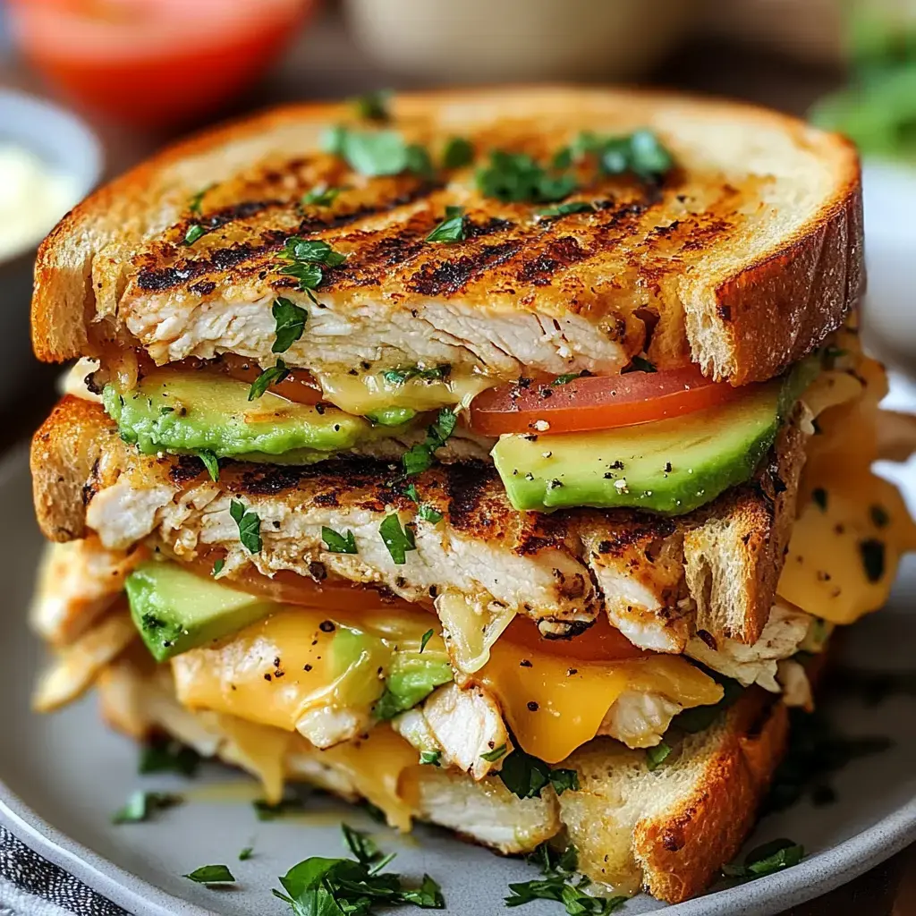 Stacked sandwich filled with layers of grilled chicken, creamy avocado, ripe tomato, and gooey cheese on toasted bread.