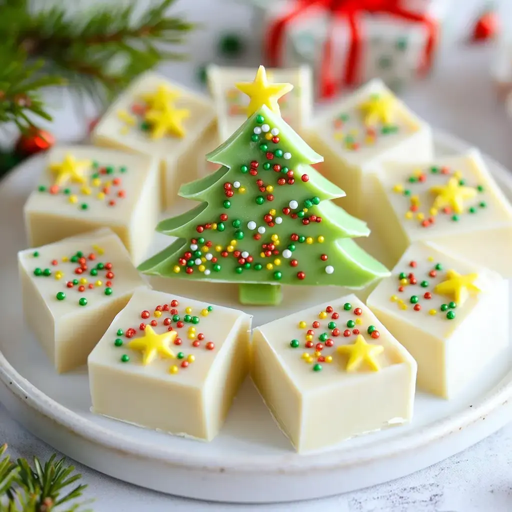 A holiday snack tray with green tree-shaped candies and square white fudge pieces topped with festive sprinkles.