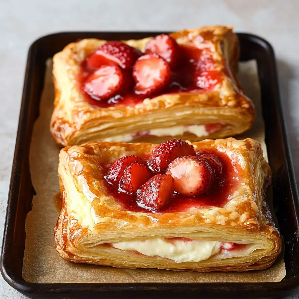 Golden puff pastry squares with creamy filling and fresh strawberries, topped with shiny strawberry glaze, set on a baking tray.