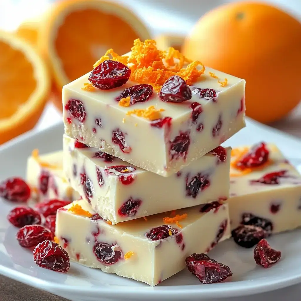 White chocolate fudge with cranberries and orange zest, surrounded by fresh orange slices.