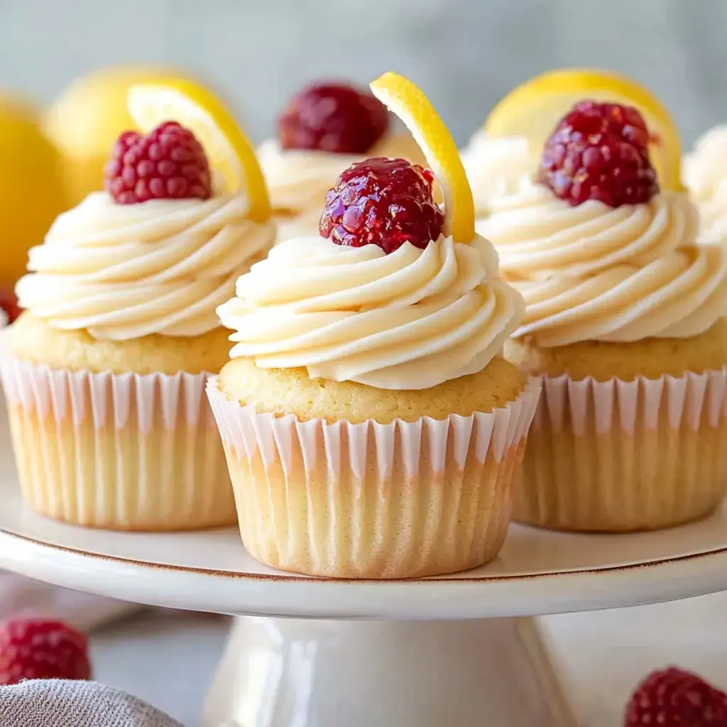 A plate of cute cupcakes with swirled pink frosting, crowned with raspberries and lemon wedges.