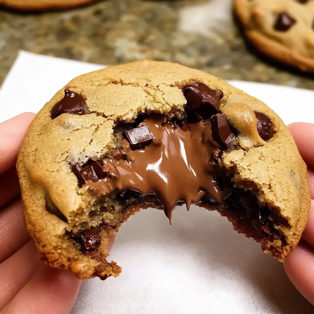 A hand holding a gooey chocolate-filled cookie with the warm Nutella center oozing out after a bite.