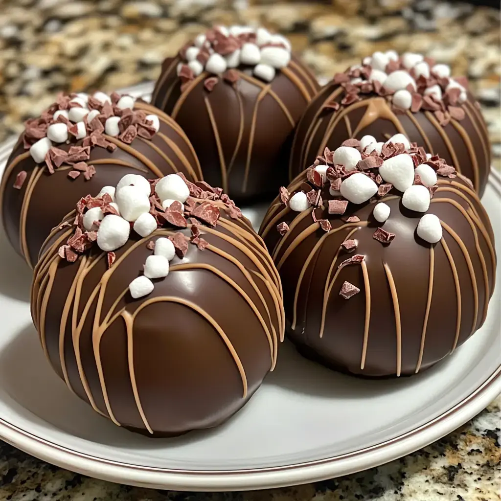 Five beautifully decorated chocolate spheres garnished with mini marshmallows and pink chocolate sprinkles on a plate.