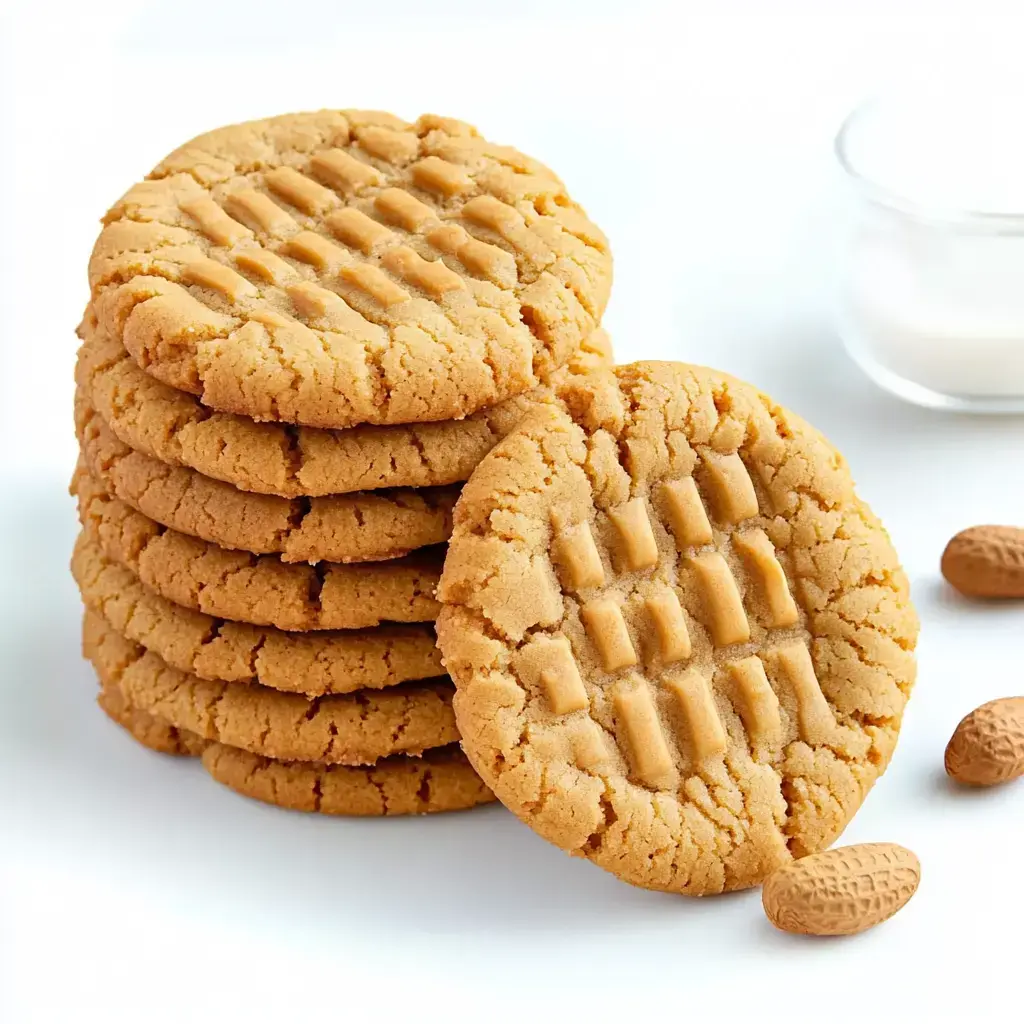A pile of peanut butter cookies next to peanuts and a small milk glass.