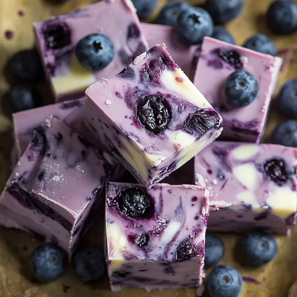 Close view of blueberry-swirled fudge squares with scattered fresh blueberries on wood.