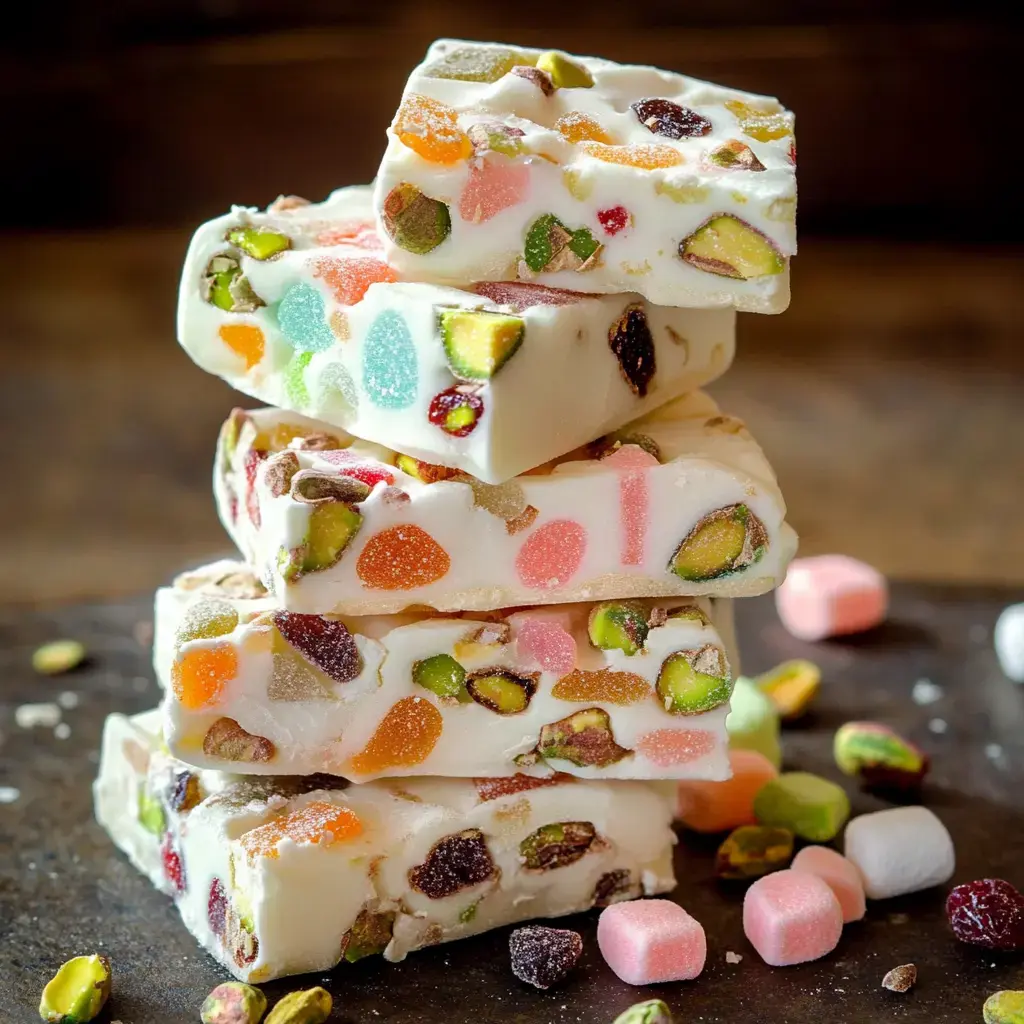 Bright nougat chunks filled with pistachios and fruit, arranged on a dark backdrop with scattered candies.