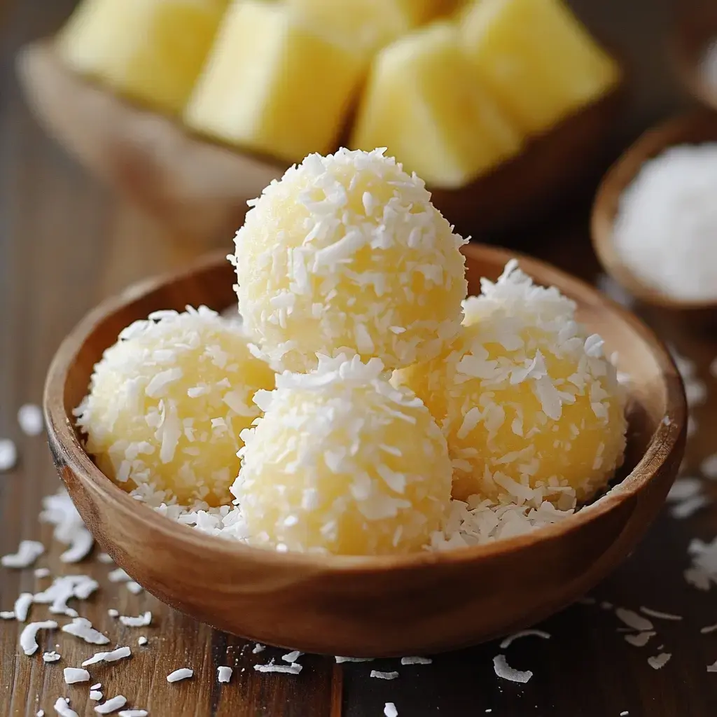 Four round coconut-topped treats nestled in a wooden bowl, with pineapple pieces peeking out in the back.