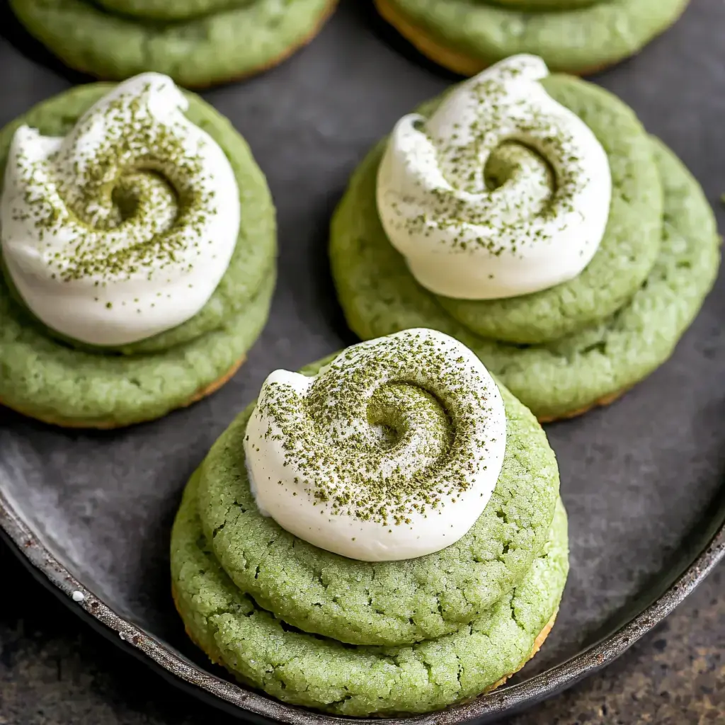 Close-up of matcha cookies with swirled mascarpone cream and green matcha powder on a plate.