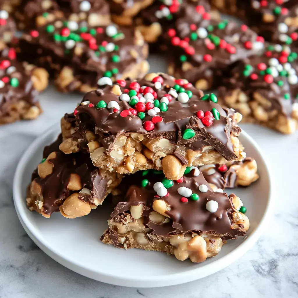Festive chocolate peanut candy stacked on a plate, topped with holiday sprinkles in red, green, and white.