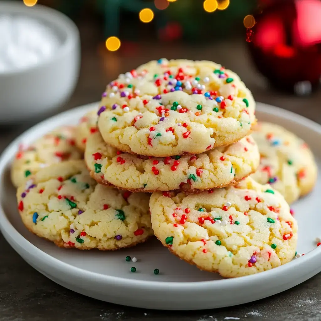 Stacked sprinkled cookies sit on a white dish with powdered sugar and holiday lights nearby.