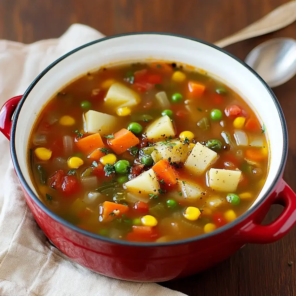 A colorful vegetable soup with chunks of potatoes, carrots, peas, corn, and tomatoes bubbles in a bright red cooking pot.