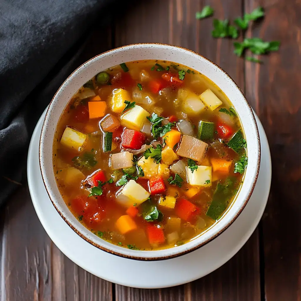 A steaming bowl of veggie soup topped with fresh herbs sits on a wooden table surface.
