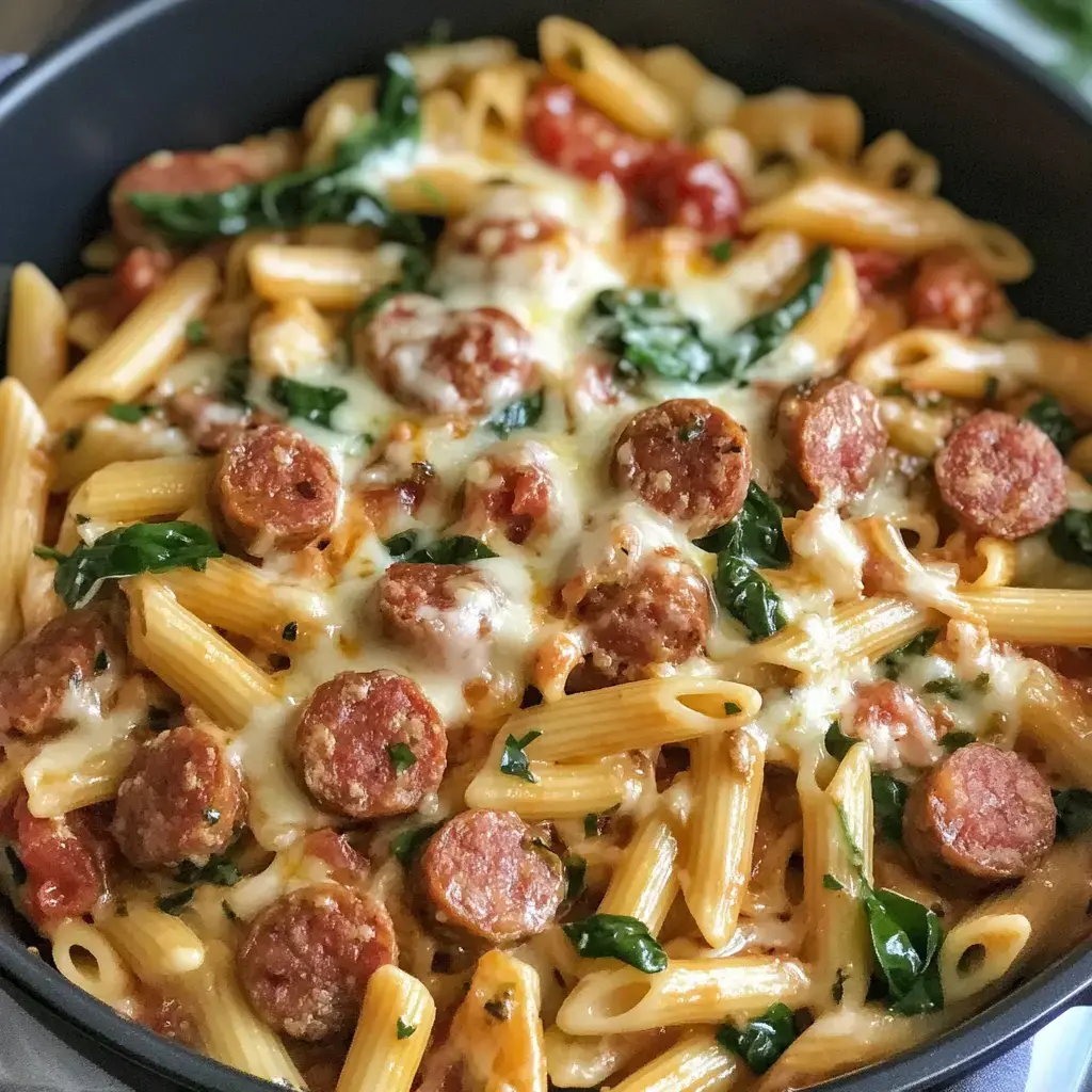 A zoomed-in view of penne pasta mixed with sliced sausage, fresh spinach and gooey melted cheese served in a dark bowl.