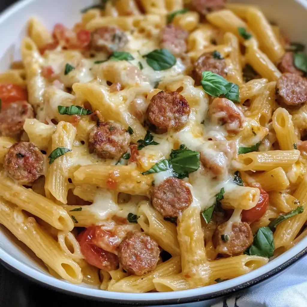 A closeup shot showing pasta combined with sausage pieces, small tomatoes, melty cheese and green basil leaves.