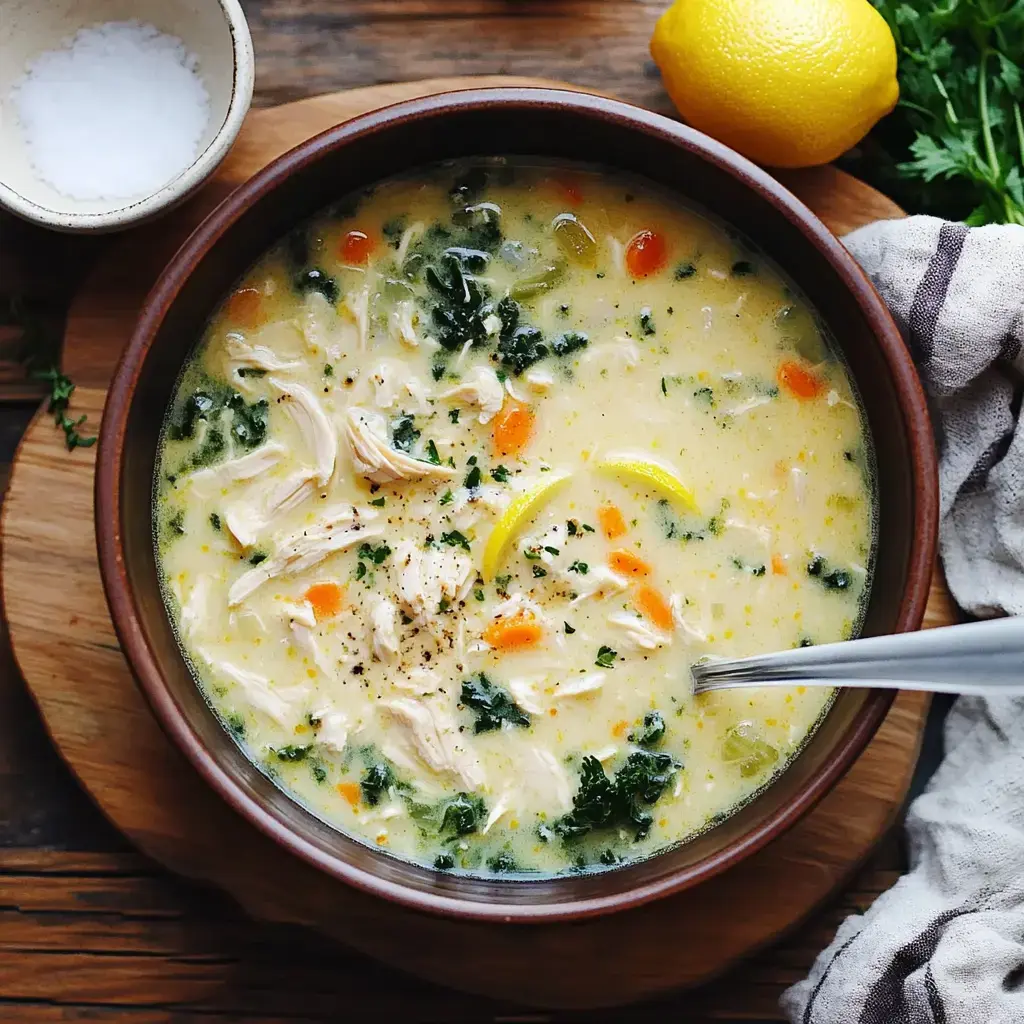 A bowl of creamy chicken soup with kale, carrots, and lemon slices, surrounded by a sprinkle of herbs and served with a spoon.