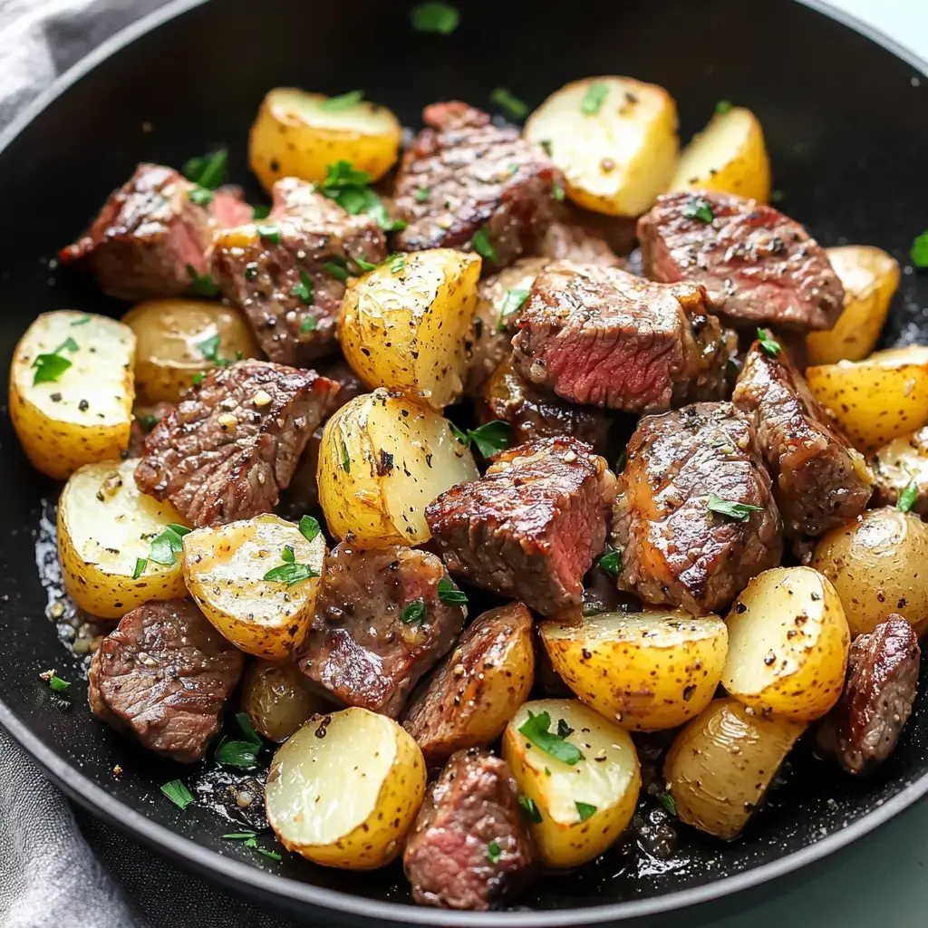 A pan containing juicy chunks of browned steak and crispy golden potatoes topped with fresh parsley.