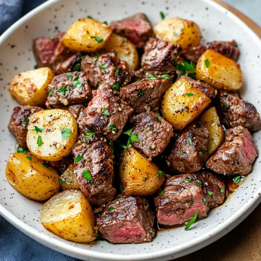 A serving dish with juicy beef cubes and roasted baby potatoes sprinkled with chopped fresh parsley.