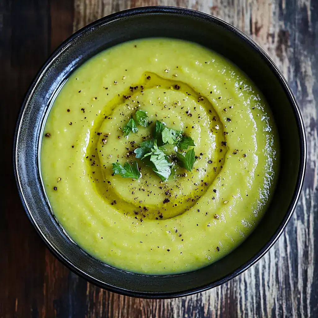 A bowl of smooth green soup with a drizzle of olive oil, scattered herbs and freshly ground pepper on top.