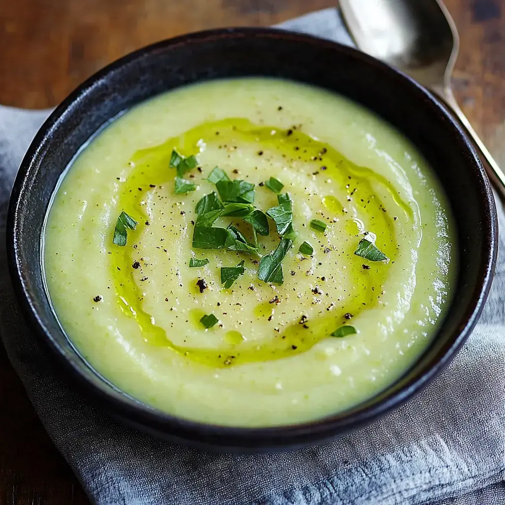 A steaming bowl of velvety soup garnished with olive oil, black pepper and a sprinkle of fresh herbs.