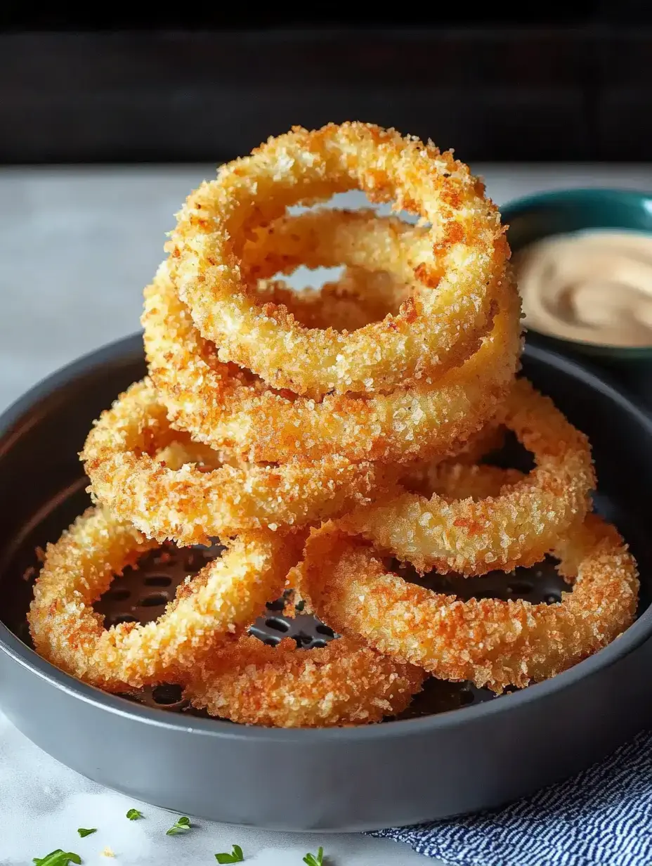 Golden, crunchy onion rings stacked in a black dish next to a small container of creamy dipping sauce.