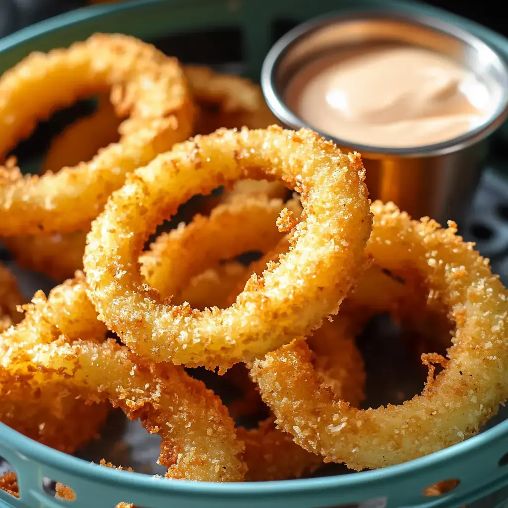 Crispy golden onion rings shown up close in a serving basket beside a small container of dipping sauce.