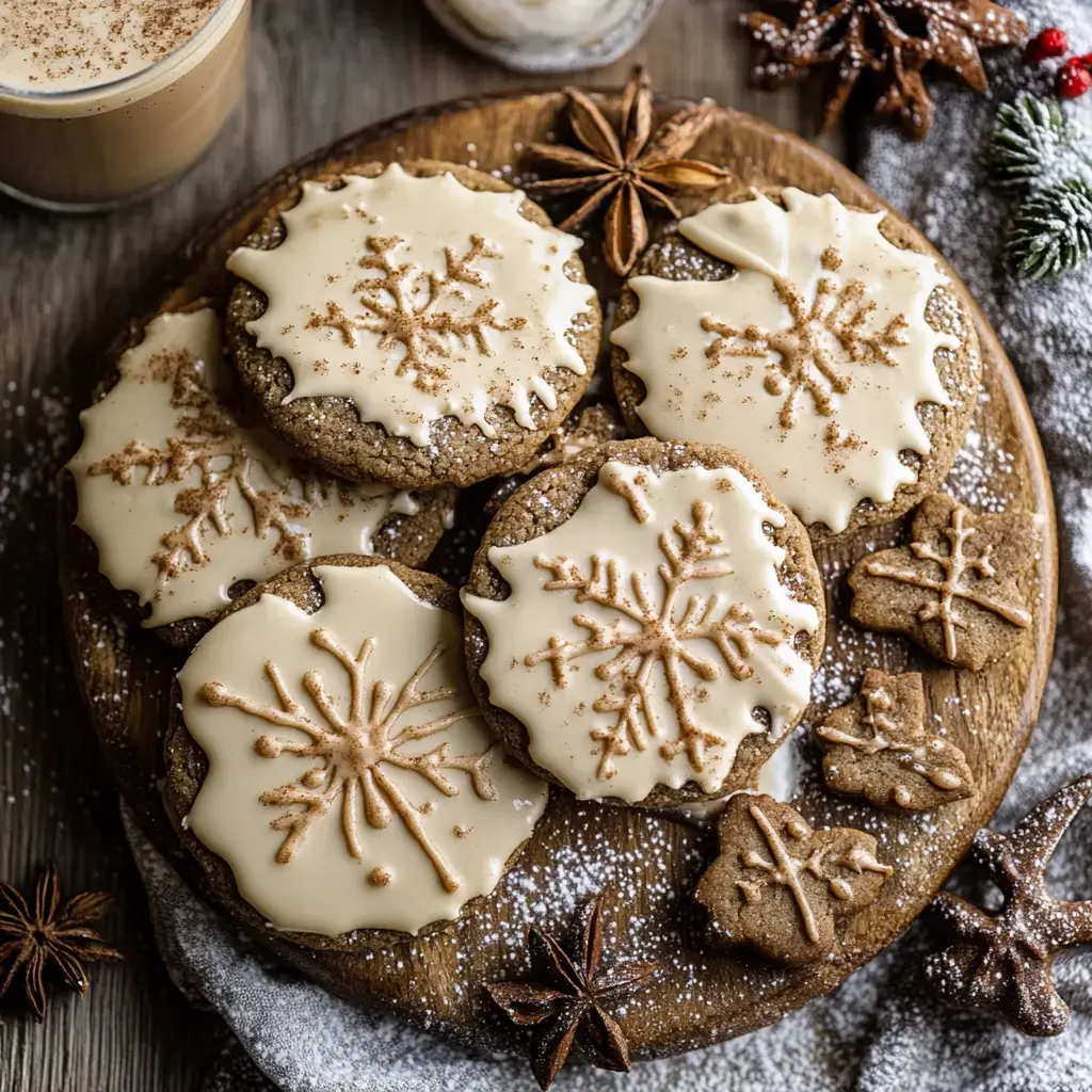 Snowflake cookies with drizzled topping rest on a wooden board next to a frothy drink and scattered star anise spices.