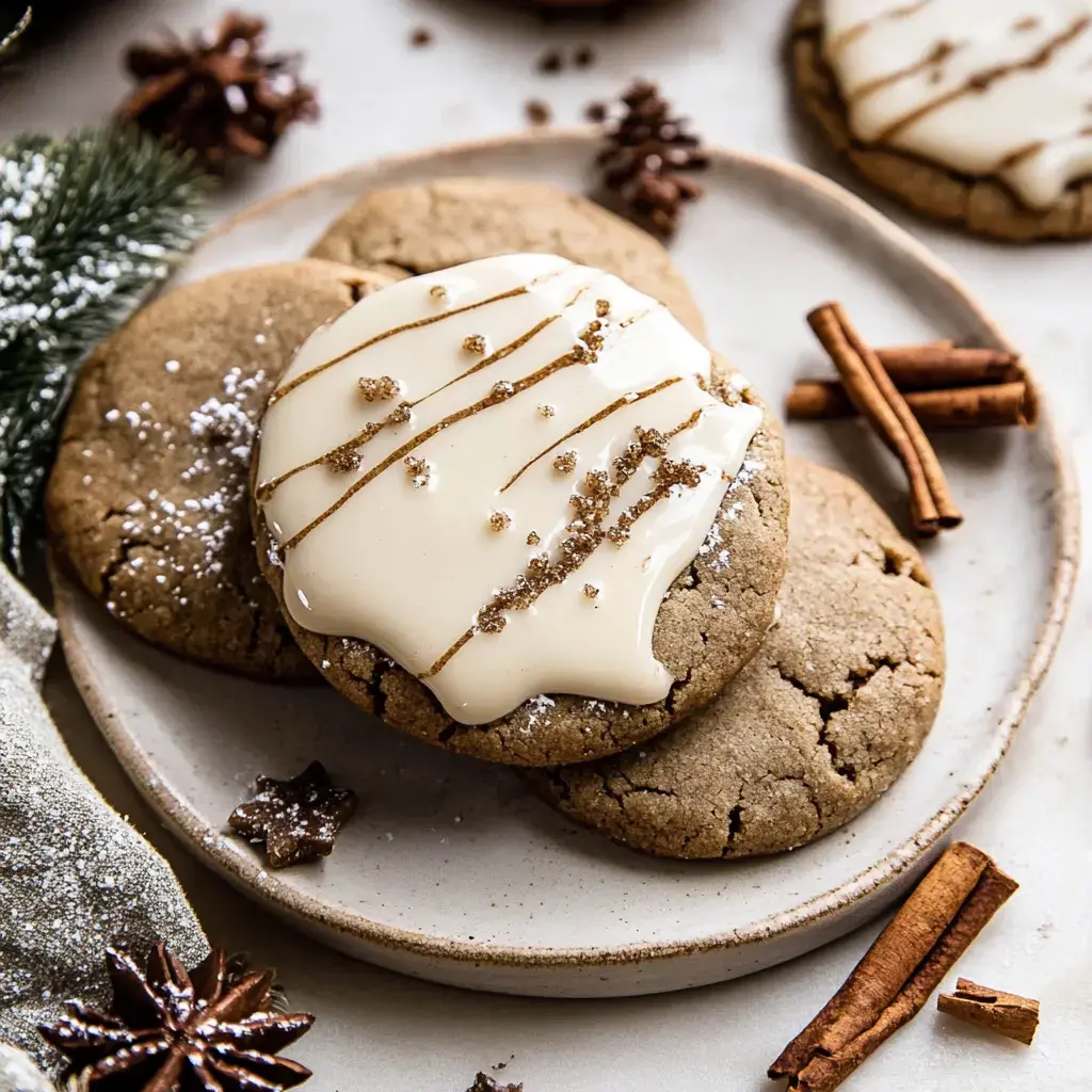 Festive cookies with creamy topping and colorful sprinkles arranged on a plate surrounded by cinnamon sticks and small pinecones.