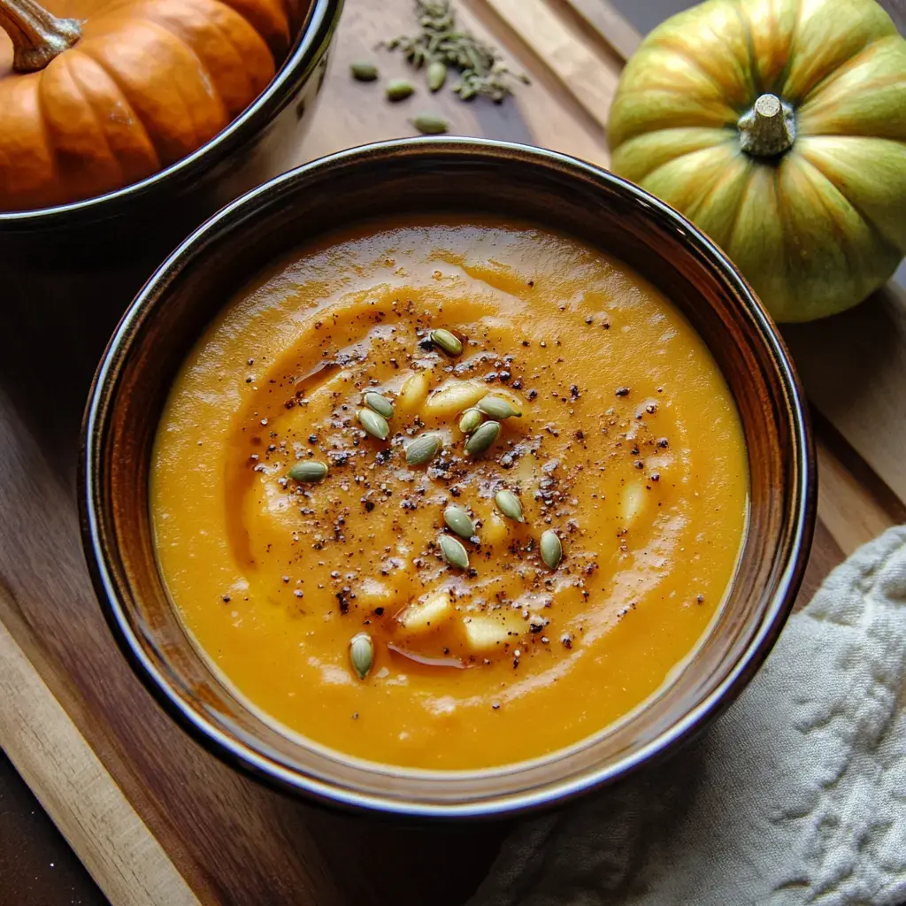 A creamy orange soup sits in a bowl topped with pepitas and black pepper next to small decorative pumpkins on a wooden table surface.