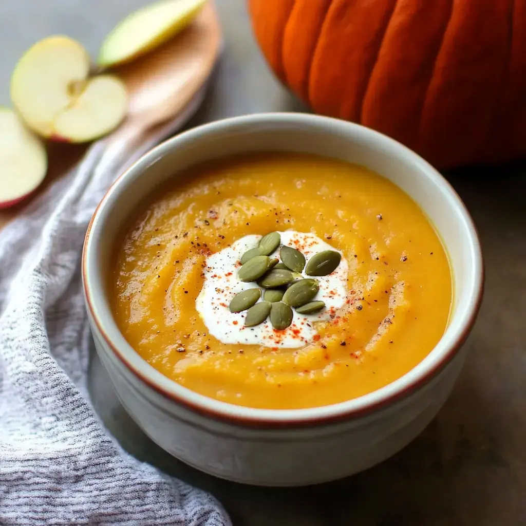 A creamy orange soup in a bowl garnished with sour cream dollop, pumpkin seeds and spices sits near sliced apples and a small pumpkin in the background.