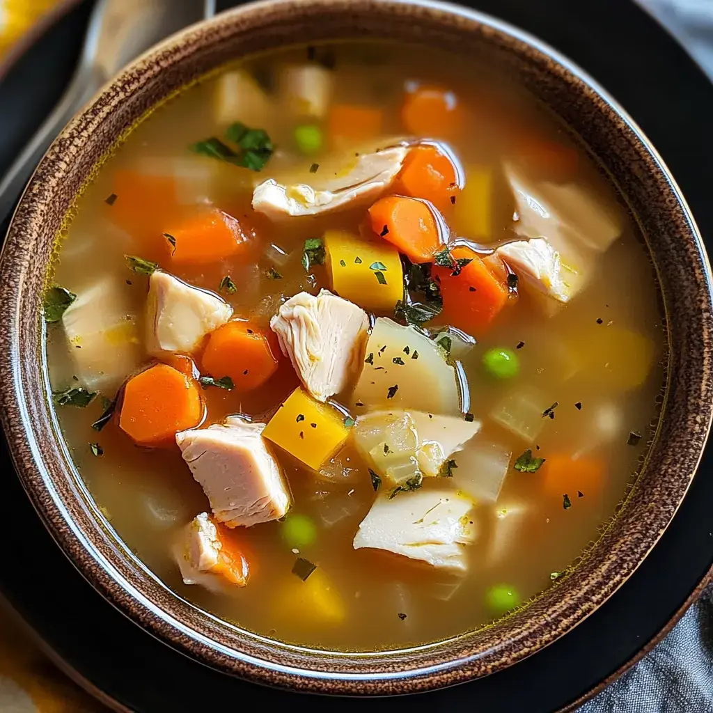 A steaming bowl of flavorful soup loaded with meat chunks, orange carrots, yellow squash pieces, green peas and fresh herbs floating in rich broth.