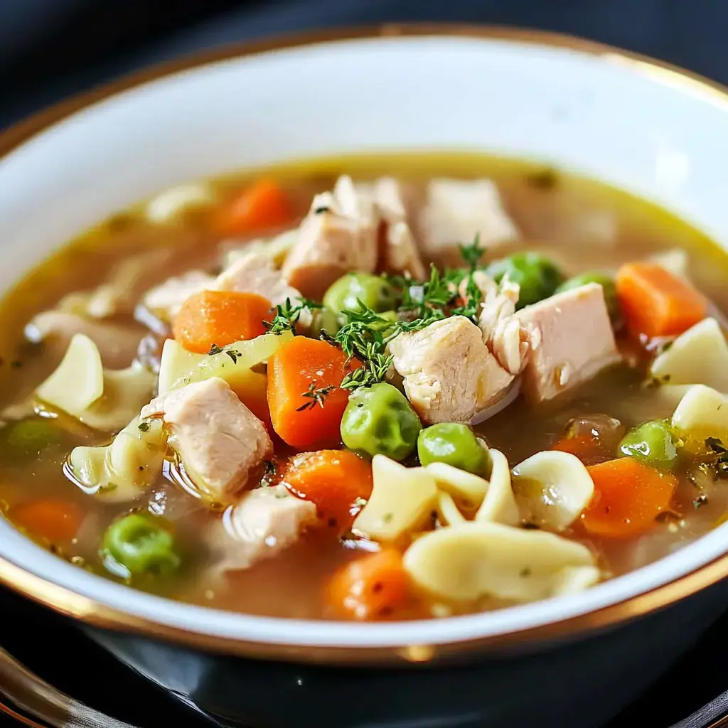 A hearty bowl of homemade soup featuring tender chicken pieces, bright carrots, green peas and soft pasta swimming in flavorful broth.