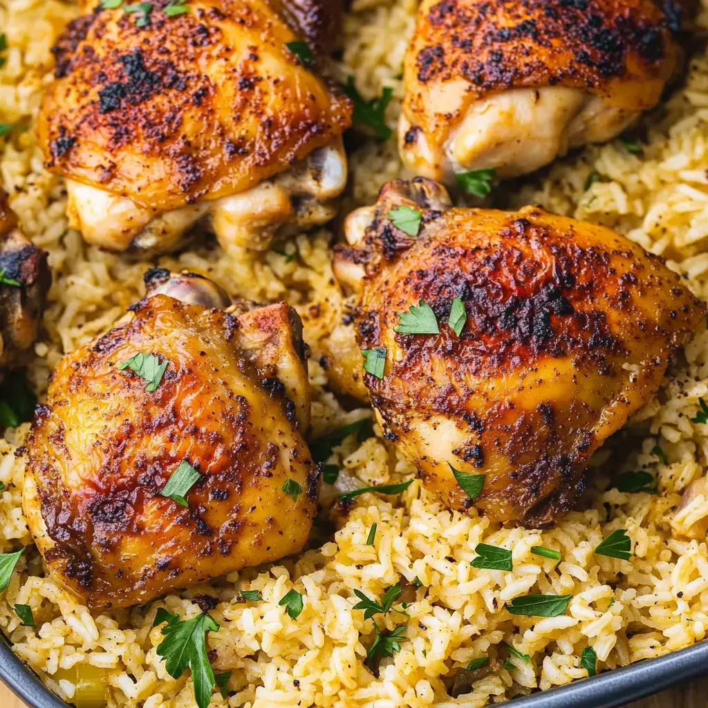 Golden seasoned chicken thighs sitting on fluffy rice with fresh parsley garnish showing steam rising from the dish.