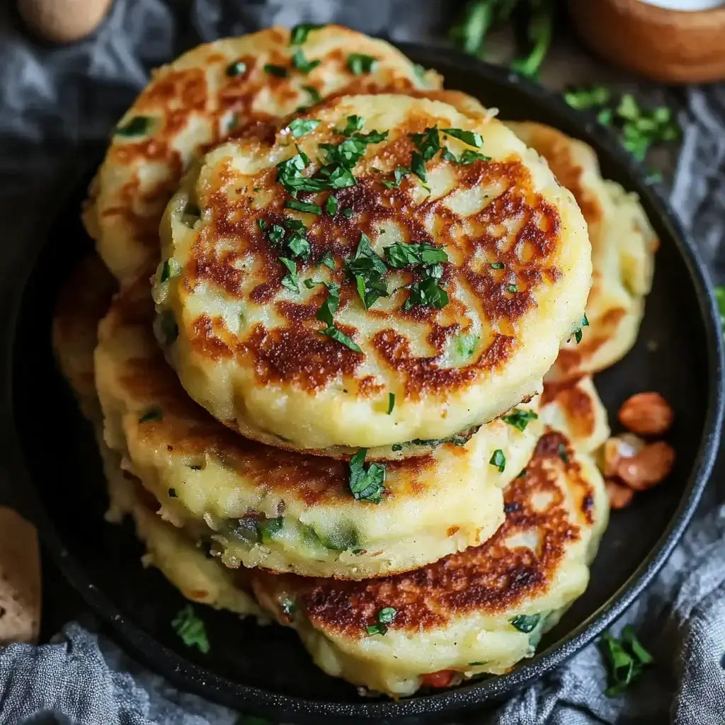 Golden-crisp potato cakes stacked together with fresh parsley garnish on a black serving dish.