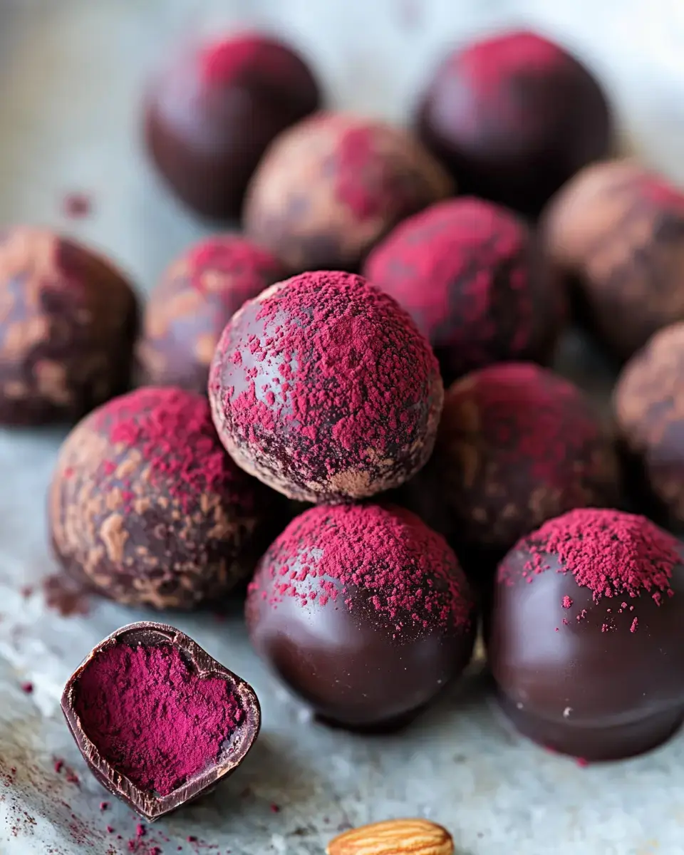 Chocolate truffles covered in bright pink dust shown up close, with one cut open showing what's inside.
