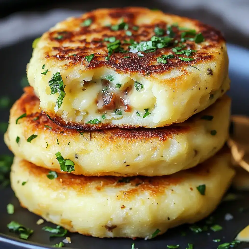 A stack of crispy brown potato cakes with one bitten open showing the creamy center, sprinkled with fresh green herbs.